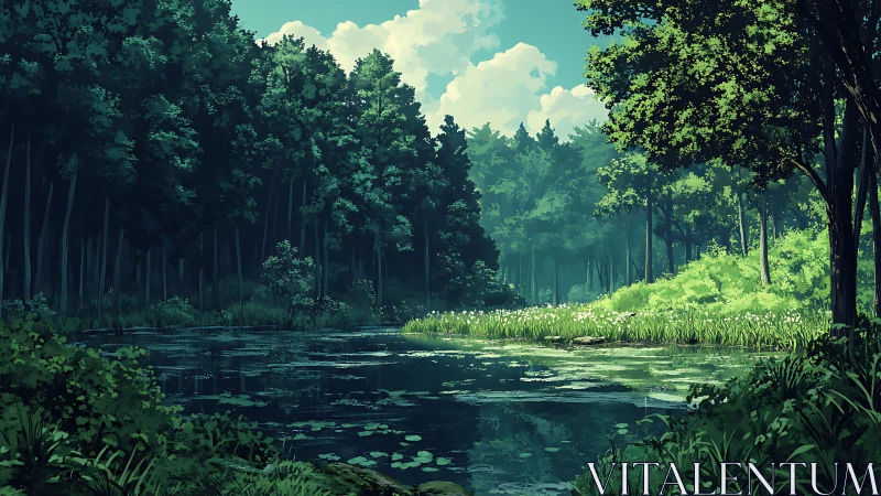 Verdant Forest Sanctuary: Digital Landscape Rendered Through Soft Palettes.