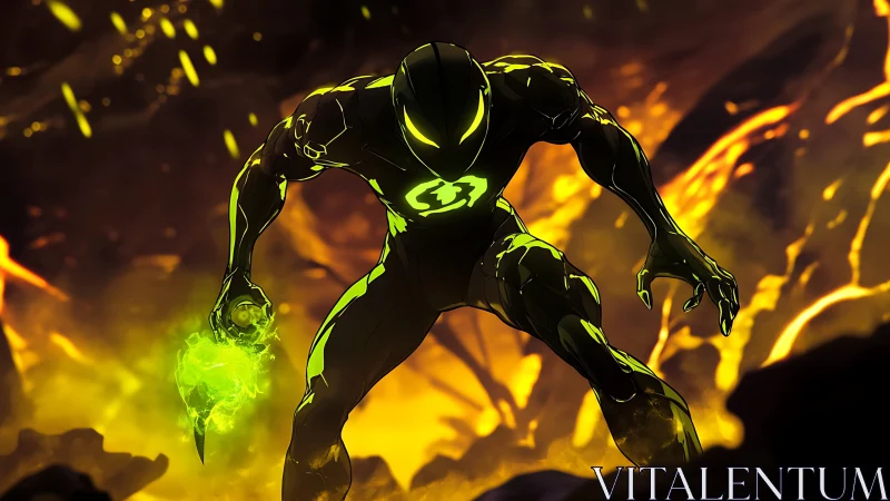 Neon armored warrior stalks molten battlefield in shadows.