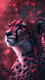 Bioluminescent cheetah portrait rendered in neon magenta light