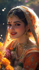 Sunlit bride in marigold veil and shimmering gold jewelry.