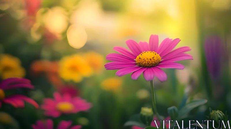 Magenta Daisy Blooming Brightly in Golden Light.