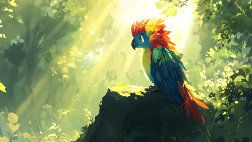 Vibrant parrot perched on rock in sunlit digital rainforest artwork.