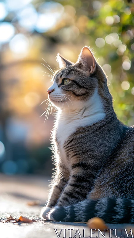 Tabby and white cat sitting outdoors in natural sunlight.