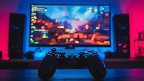 Game controller before monitor in colored light environment.