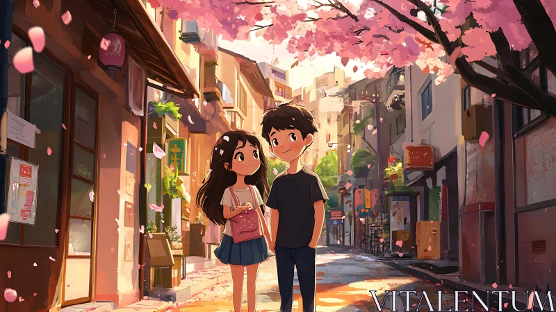 Springtime stroll under cherry blossoms in cozy alleyway.