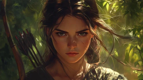 Fierce forest huntress stares ahead with unwavering resolve