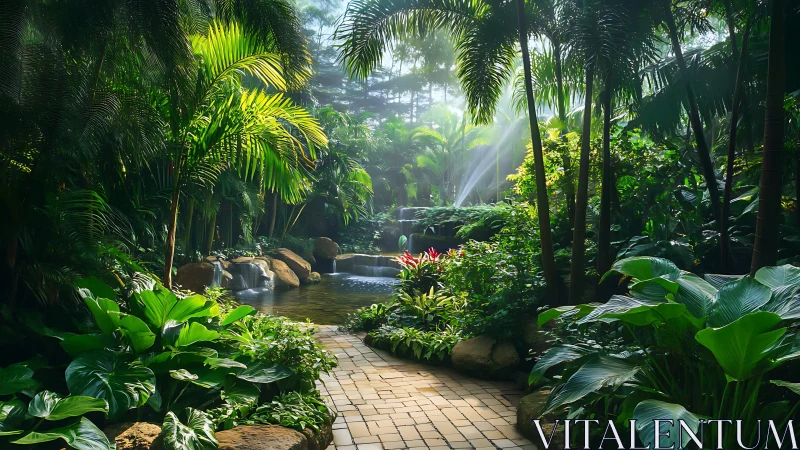 Sunlit tropical garden path leads to a tranquil waterfall pond