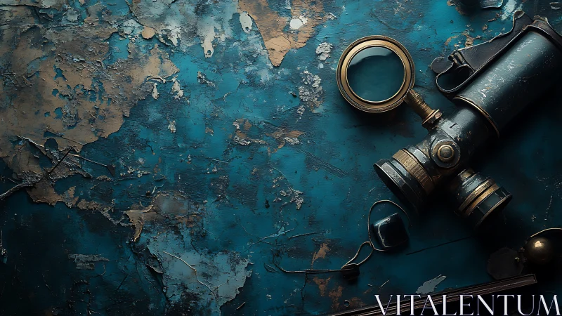 Vintage brass gas mask on distressed teal surface.