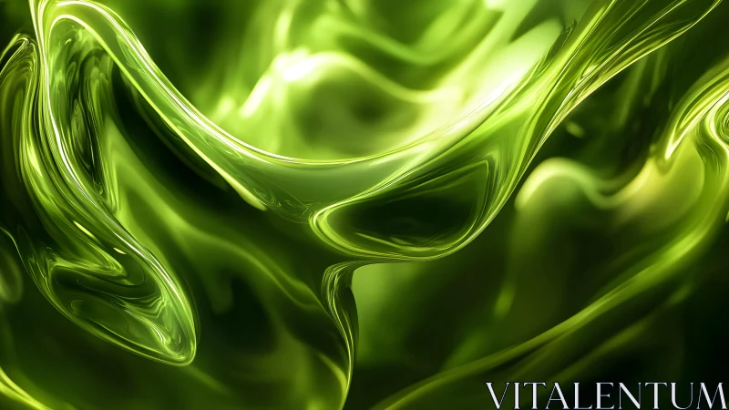 Shimmering Green Abstract Waves in Fluid Digital Art Style.