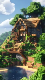 Blocky hillside cabin above river in bright daylight.