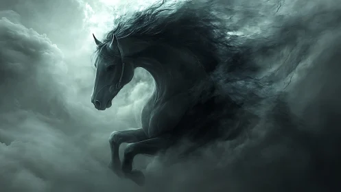 Dark spectral horse emerging from swirling storm clouds.