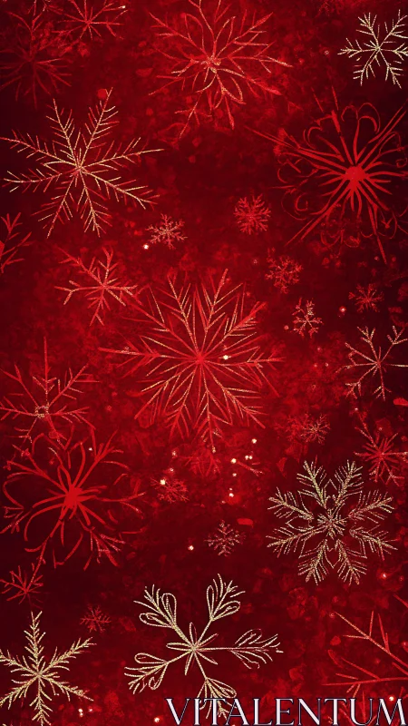 Textured crimson background with metallic snowflake overlay.