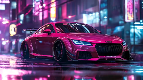 Lowered pink sports car in neon city street at night.