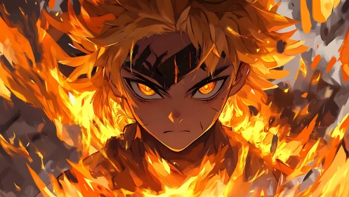 Fiery anime warrior stares forward through engulfing flames
