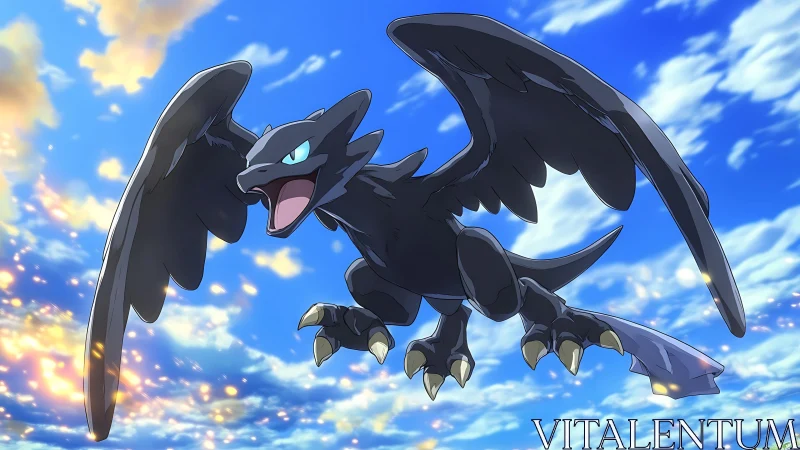 Black dragon with spread wings soaring across sky scene