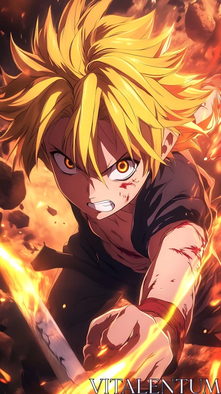 Blazing blonde swordsman lunges through molten chaos skyward.