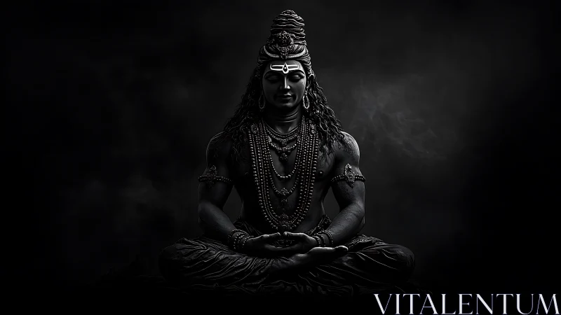 High contrast monochrome deity sculpture in meditative posture