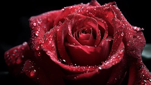 Deep red rose with water droplets against dark background