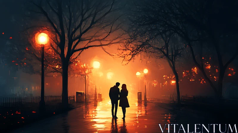 Silhouetted Couple in Atmospheric Urban Park at Dusk.