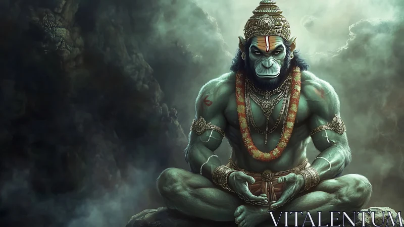 Mythic monkey warrior in meditative seated pose.