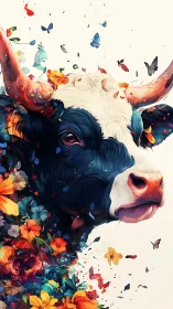 Color-splashed cow portrait erupts with flowers and butterflies.