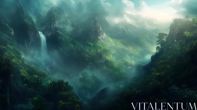 Misty Mountain Valley with Cascading Waterfall and Lush Forest