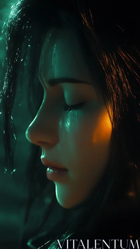 Somber cyber-lit profile of woman in teal and amber glow.