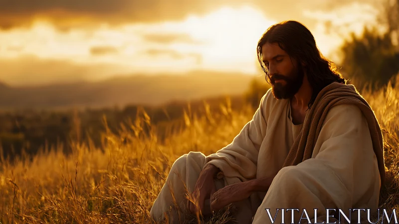 Golden sunset embraces a quiet figure in peaceful prayer