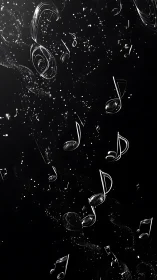 Glowing musical notes floating in a dark abstract space.