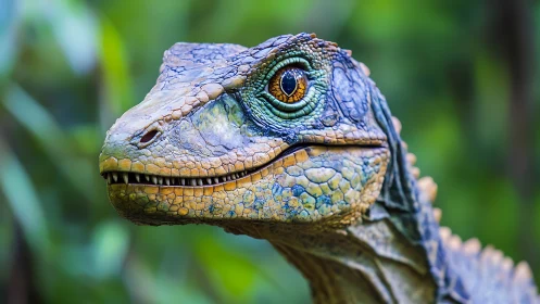 Curious blue-green dinosaur gazes through lush jungle light.