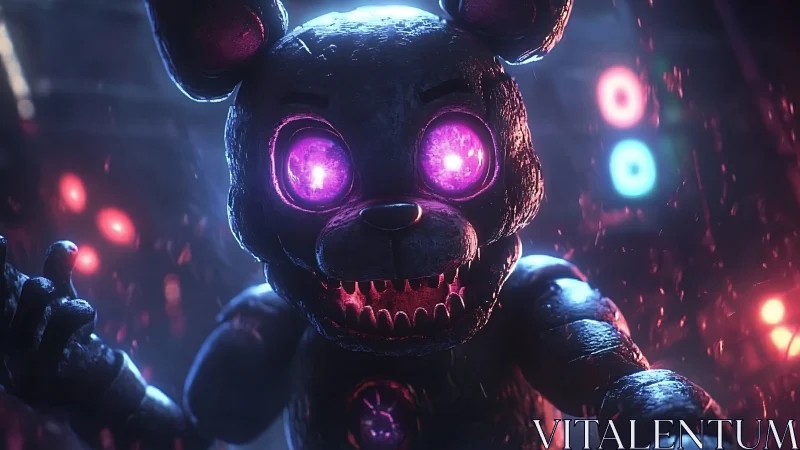 Sinister robot bear with glowing neon purple eyes in rain.