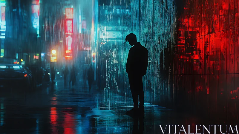 Silhouette on wet city street under red and blue neon rain.