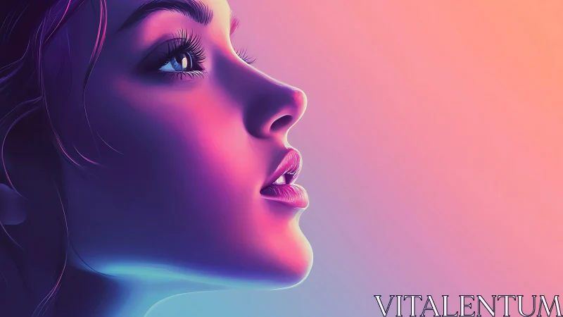Neon-lit female profile rendered in soft gradient glow.