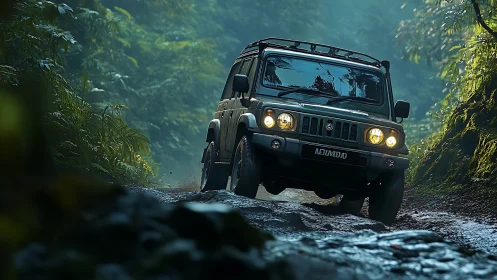 Jungle trail 4x4 roars through misty emerald wilderness.