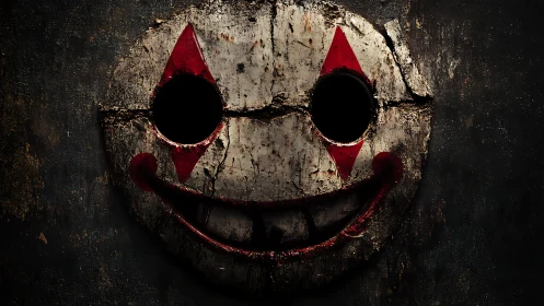 Rotten carnival smile carved into a haunted wooden mask.