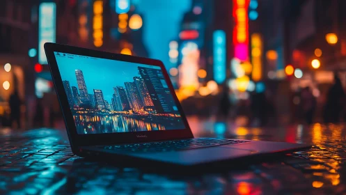 Laptop glows against neon city street, mirroring skyline lights