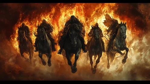 Riders in roaring fire surge forward on powerful warhorses