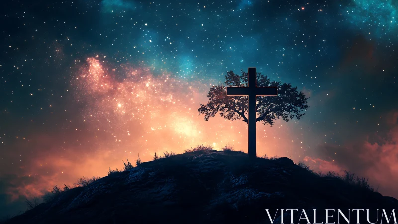 Silhouetted cross and lone tree under high contrast star-filled nebula