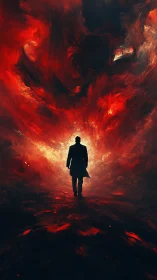 Solitary figure walks into swirling crimson inferno sky.