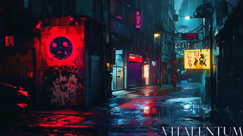 Cyberpunk neon alley under rain with glowing street signs.