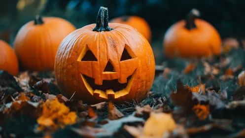 Carved jack-o-lantern among pumpkins on autumn ground.