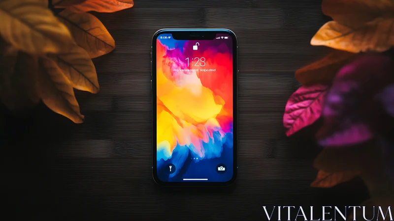 Liquid Gradient Smartphone Display Amid Botanical Elements.