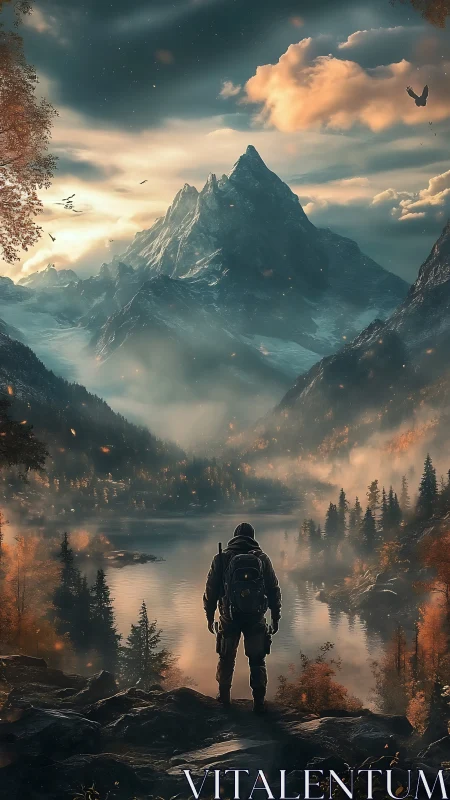 Solitary hiker surveys misty alpine lake beneath dramatic peak