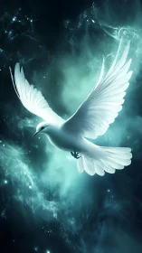 Luminous white dove in nebular cyan atmospheric turbulence.