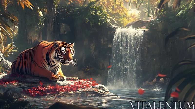 Resting tiger by a tranquil jungle waterfall at sunset.