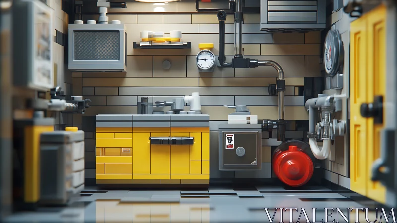 LEGO workshop kitchen blends industrial pipes and bold yellow.