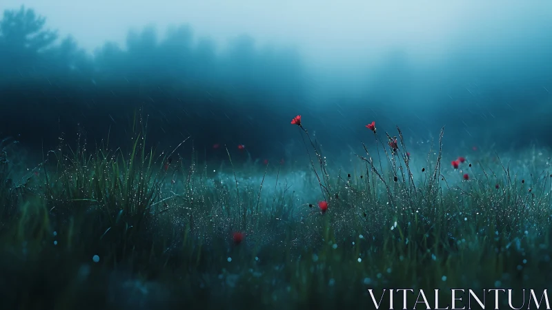 Moody meadowscape with crimson wildflowers in blue rain haze.