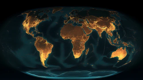 Glowing global landmass map in golden neon illumination.
