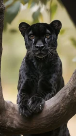Black Panther Rests on Tree Branch with Piercing Amber Eyes.