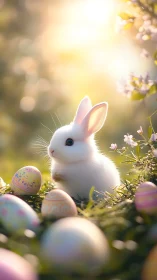 Gentle white bunny glows among pastel Easter eggs in spring